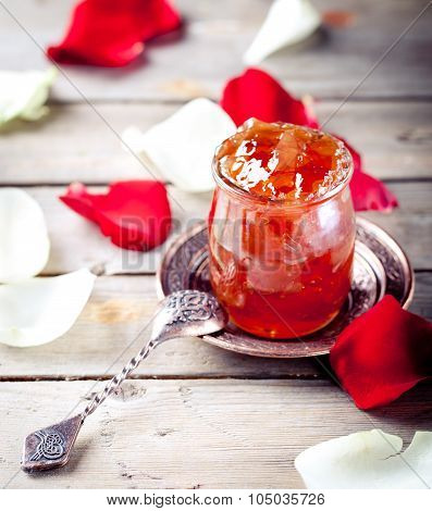Rose petals jam, confiture in a glass jar