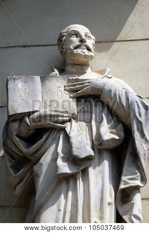 LJUBLJANA, SLOVENIA - JUNE 30: Saint Ignatius of Loyola on the portal of Saint James church in Ljubljana, Slovenia on June 30, 2015