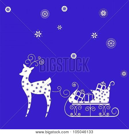 deer, sleigh, presents, snowflakes on blue background Christmas