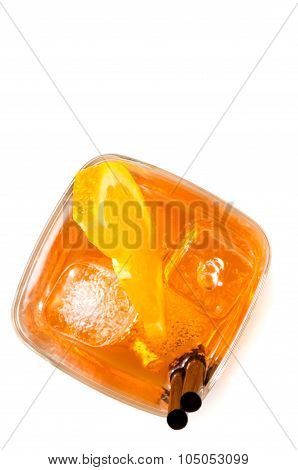 Top Of View Of Glass Of Spritz Aperitif Aperol Cocktail With Orange Slices And Ice Cubes