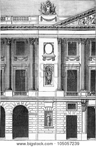Portion of the facade of the Garde-Meuble, vintage engraved illustration. Industrial encyclopedia E.-O. Lami - 1875.