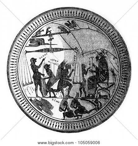 The celebrated cup of Arcesilaus, in plan, work of the Cyrenian potters contemporary with Pindar, 500 B.C, vintage engraved illustration.
