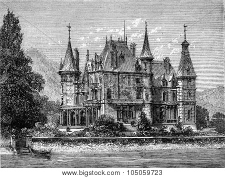 Castle Schadau or Rougemont (Switzerland), vintage engraved illustration. Magasin Pittoresque (1882).