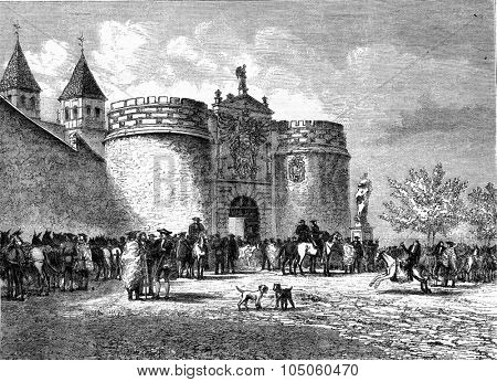 The Gate of Bisagra, Toledo, vintage engraved illustration. Magasin Pittoresque (1882).