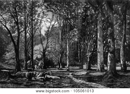 Clogmakers in wood Quimerch (Finistere), painting by Camille Bernier, vintage engraved illustration. Magasin Pittoresque 1878.