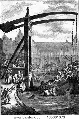Fall of Prince Maurice of Nassau, the Brazilian, in a pit, in Franeker, vintage engraved illustration. Magasin Pittoresque 1877.