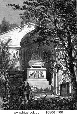 The Tomb of Winckelmann, the garden of the Museum of antiquities of Trieste, vintage engraved illustration. Magasin Pittoresque 1877.