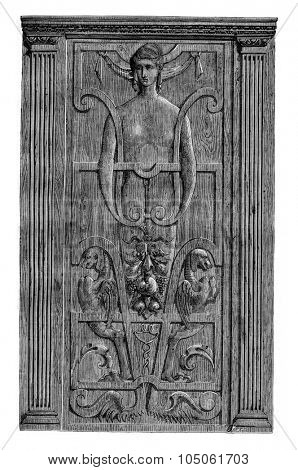 Carved panel belonging to Mr. Poule, vintage engraved illustration. Magasin Pittoresque 1877.