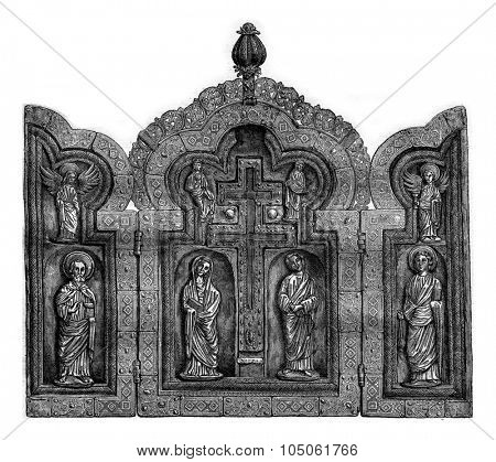 Museum of Antiquities in Brussels, Triptych vermeil of the twelfth or thirteenth century, vintage engraved illustration. Magasin Pittoresque 1877.