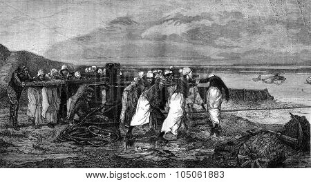 1876 Exhibition of Painting, women capstan, Villerville, Calvados, vintage engraved illustration. Magasin Pittoresque 1877.
