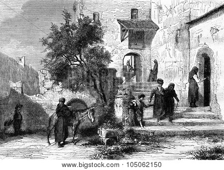The Church of Valere in Sion, Valais, Switzerland, vintage engraved illustration. Magasin Pittoresque 1877.