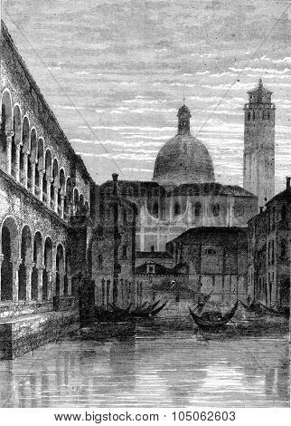 A corner of Grand Canal in Venice, vintage engraved illustration. Magasin Pittoresque 1867.
