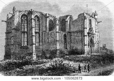 Ruins of the church of Neuvy-Sautour, vintage engraved illustration. Magasin Pittoresque 1867.