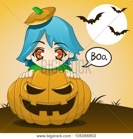 Cute Kid Popping Out Of Pumpkin