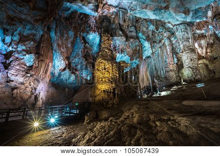 Artificially highlighted limestone formations in the cave named Paradise. Phong Nha region of Vietnam