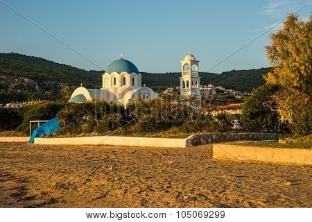 White Church Blew Domes Near The Beach