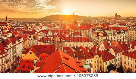 Top view to red roofs skyline of Prague city Czech republic. Illustration