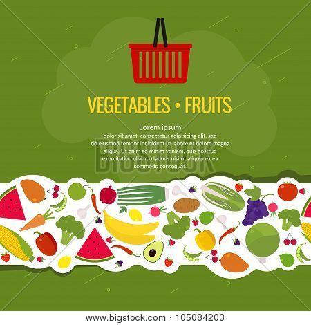 Border. Fresh Vegetables And Fruits. Organic Food. Elements And Icons For Cards, Illustration, Poste