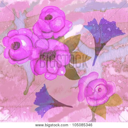 Vintage-styled watercolour roses on artistic stained paper seamless background pattern, toned