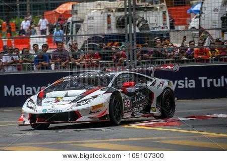 KUALA LUMPUR, MALAYSIA - AUGUST 08, 2015: Afiq Yazid drives a Lamborghini Huracan LP620 car races in the KL City GT CUP Race, at the 2015 Kuala Lumpur City Grand Prix.