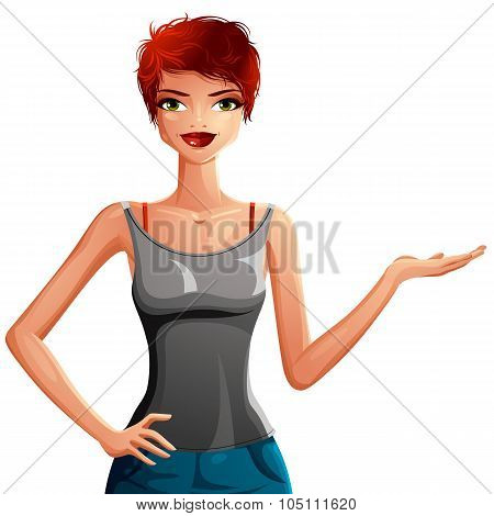 Beautiful Vector Lady Illustration, Upper Body Portrait Of A Sexy Slim Red-haired Girl Showing Somet