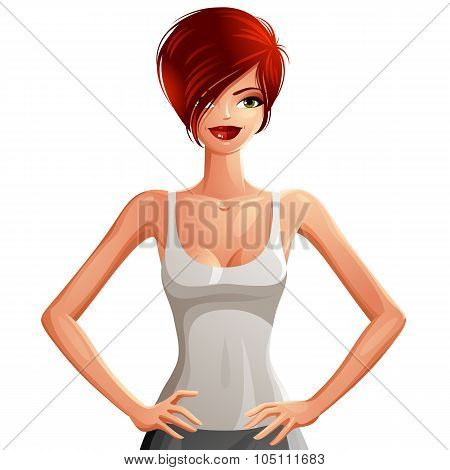 Sexy Caucasian Woman Vector Upper Body Portrait. Gorgeous Red-haired Lady With A Stylish Makeup With