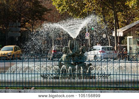 PARIS, FRANCE - SEPTEMBER 8, 2014: Paris - The fountain on the square of Edmund Rostand near by the Gardens of Luxembourg