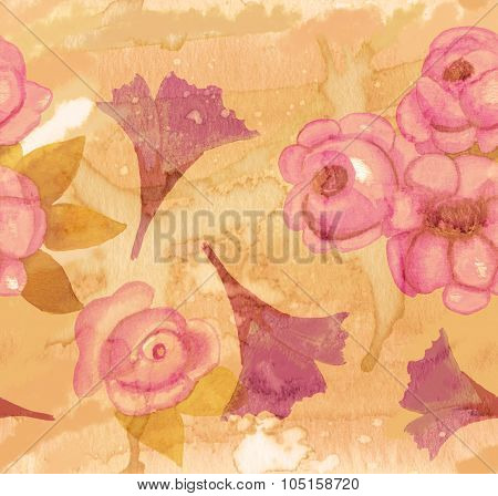 Vintage-styled watercolour roses on artistic stained paper seamless background pattern, toned