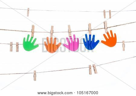 Clip On A  Twine , Hanging Colorful  Hand  Global  Multiracial Partnership