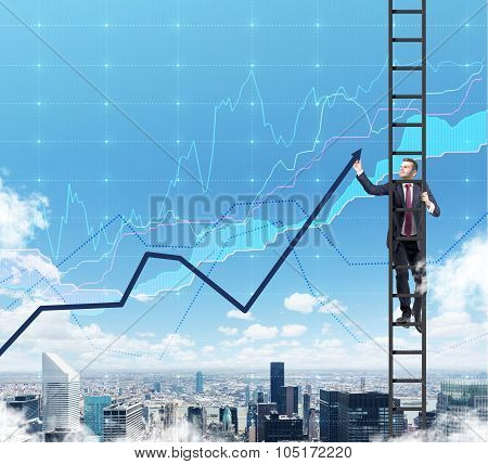A Businessman In A Ladder Is Drawing A Line Chart As A Summation Of The Finance Tendencies. A Financ