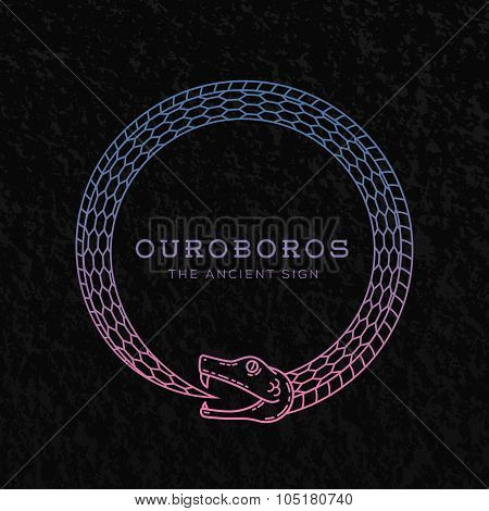 Abstract Vector Ouroboros Snake Symbol, Sign or a Logo Template in Line Style. On Black Background w