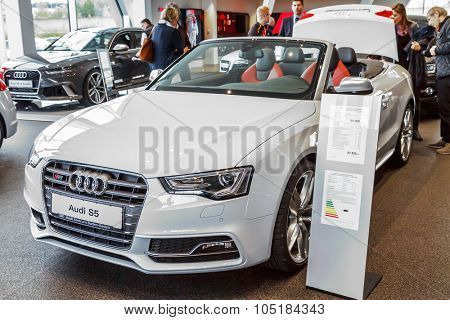 Baden-Baden, Germany - October 10, 2015: New models of the brand Audi in a dealer's showroom in Baden-Baden, Germany. Audi S5 Cabriolet