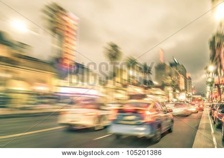 Los Angeles - Hollywood Boulevard Before Sunset - Walk Of Fame On A Defocused Vintage Filtered Look