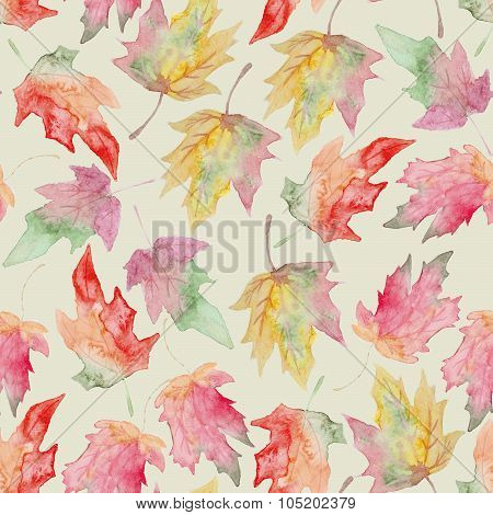 Watercolor maple autumn leaf seamless pattern