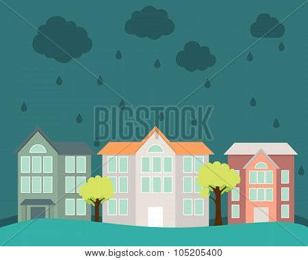 Flood. Street with houses and trees flooded water. Vector illustration