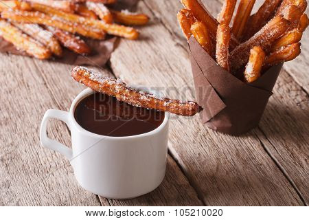 Spanish Cuisine: Churos And Hot Chocolate On The Table. Horizontal