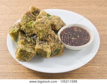Fried Steamed Garlic Chives Dumpling Served With Spicy Soy Sauce