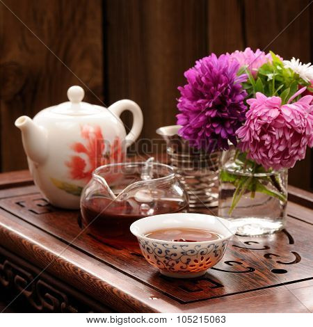 Bouquet Of Purple And Pink Asters And Teaware For Chinese Tea Ceremony