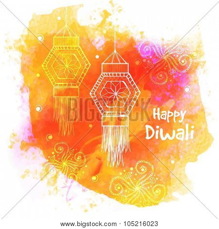 Indian Festival of Lights, Happy Diwali celebration with hanging lamps on floral decorated colourful splash background.