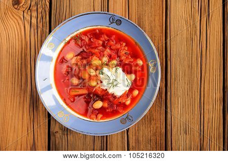 Portion Of Homemade Russian Red Beet Soup Borsch With Bean, Cabbage, Potato With Creamf Resh Clean S