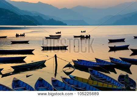 Sunset on Phewa Lake in Pokhara, Nepal