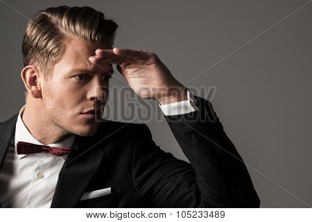 Sharp dressed man wearing jacket and bow tie