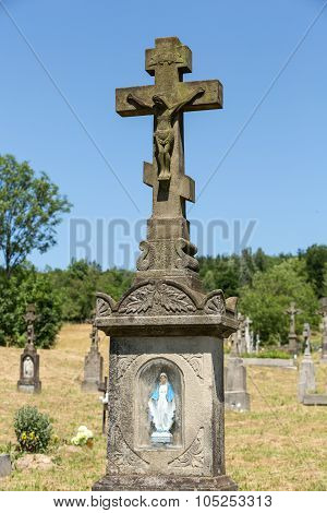 Old abandoned stony Orthodox crosses  in Regietow. Poland