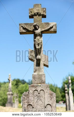 Old abandoned stony Orthodox crosses in Regietow, Poland