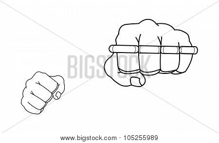 Clenched fists holding brass-knuckle. Punch. Contour