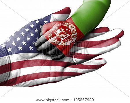 Adult Man Holding A Baby Hand With United States And Afghanistan Flags Overlaid. Isolated On White