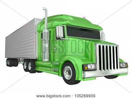 Green semi truck front angle to illustrate travel, transportation and shipping or delivery of products over the road