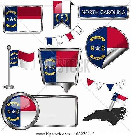 Glossy Icons With Flag Of North Carolina