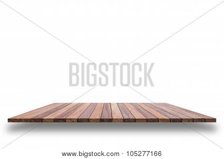 Empty Top Of Wooden Shelf Or Counter Isolated On White Background