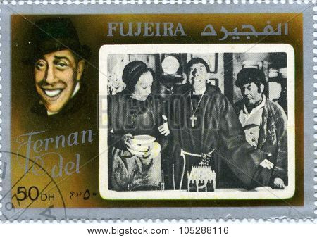 FUJEIRA - CIRCA 1972 : stamp printed in Fujeira showing , french actor Fernandel , circa 1972